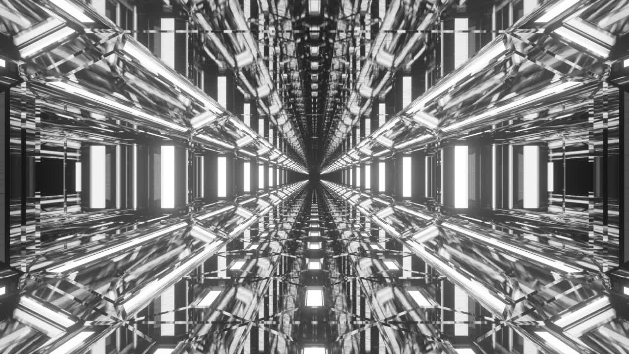 Animation of immersing through highly reflective monochromatic hollow space tunnel and moving towards infinity