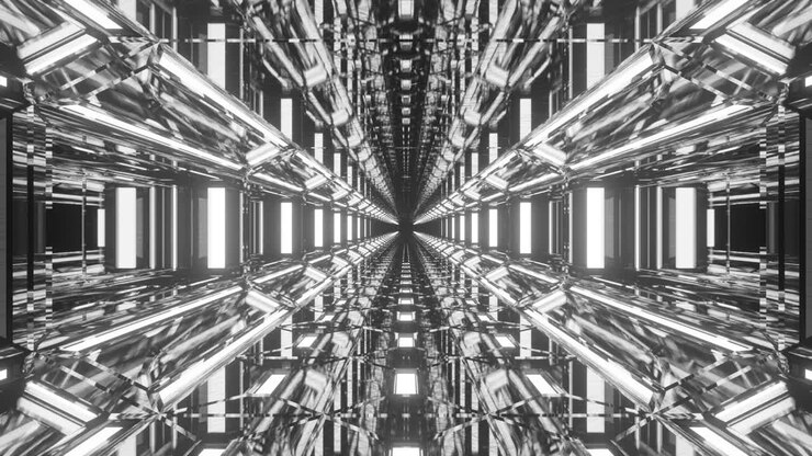Animation of immersing through highly reflective monochromatic hollow space tunnel and moving towards infinity