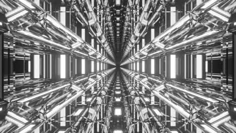 animation of immersing through highly reflective monochromatic hollow space tunnel and moving towards infinity