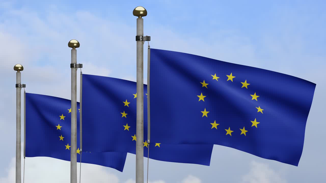파란 하늘과 바람에 흔들리는 유럽 연합 발. 유럽 발 실크 불어