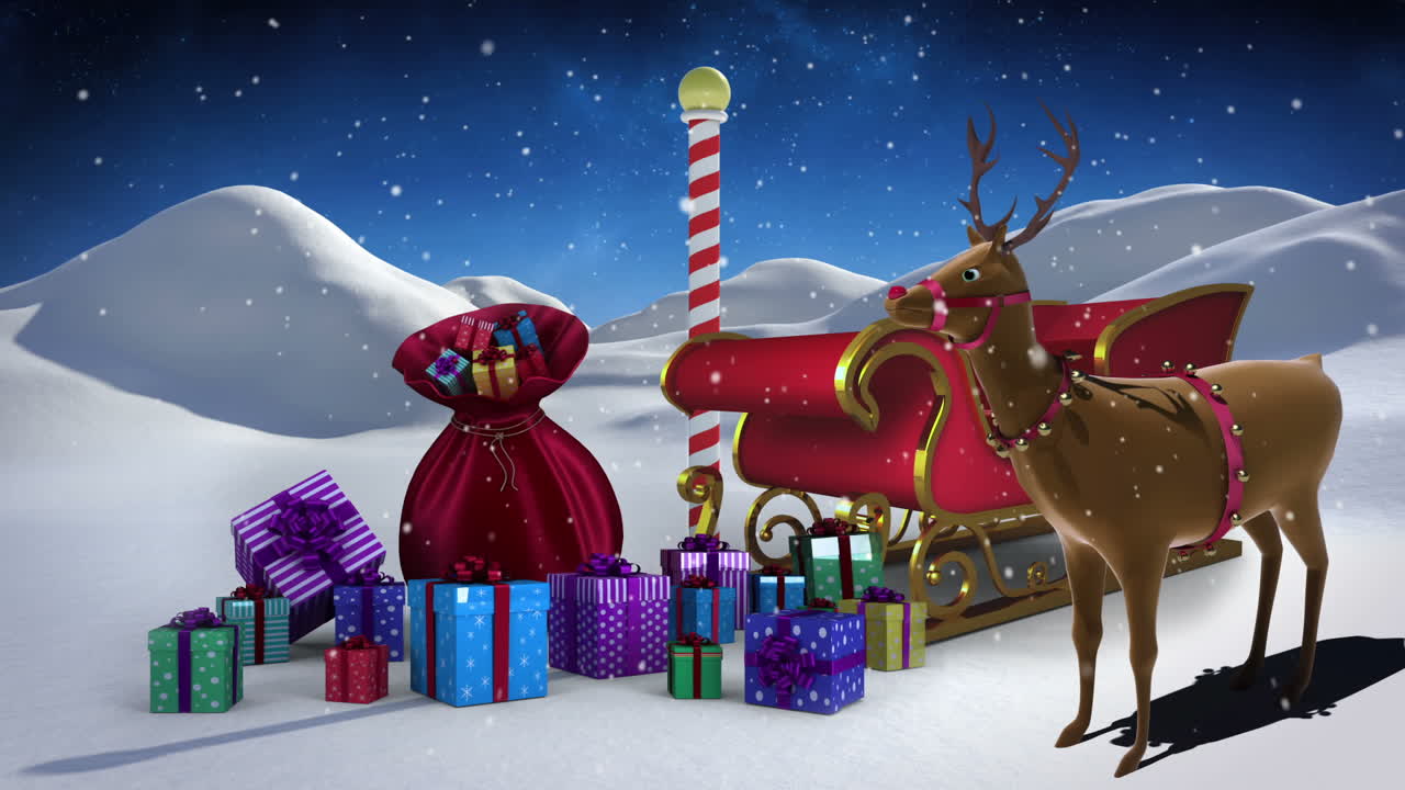 Santa sled full of gifts in snowy landscape at north pole with rudolph ...