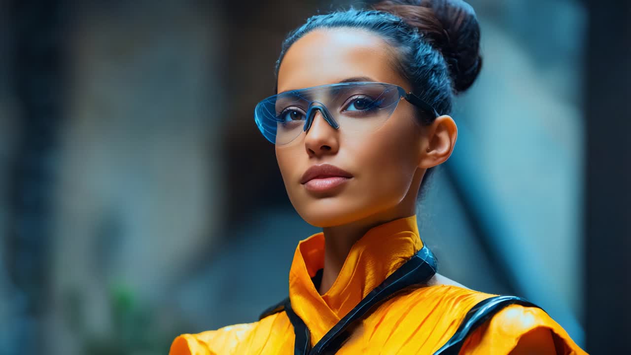Persona sicura di sé vestita con un vivace abito arancione e occhiali alla moda, che cattura l'attenzione grazie all'espressione composta del viso e a scelte di stile uniche