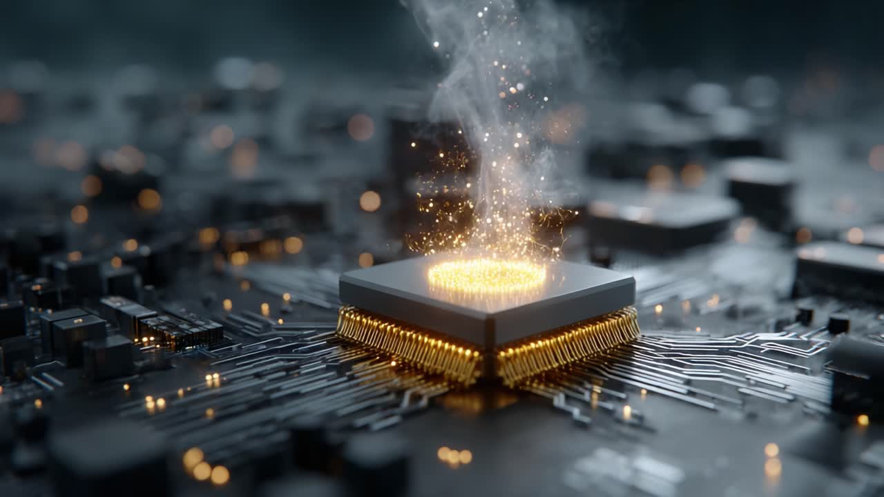 Captivating Scene of a Circuit Board with a Microprocessor Emitting Sparks and Smoke, Symbolizing Innovation in Technology and Digital Advancements