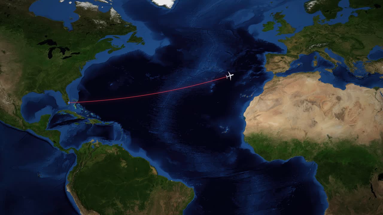 A red line tracks an airplane flying across the Atlantic Ocean from Miami to Zurich
