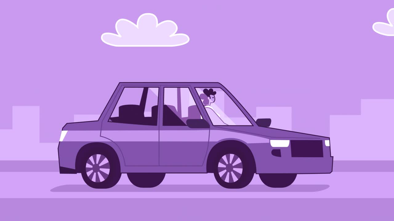 보라색 스타일의 여성 평평한 캐릭터가 보라색 차를 운전합니다. 알파 채널과 함께 고립된 루프 애니메이션