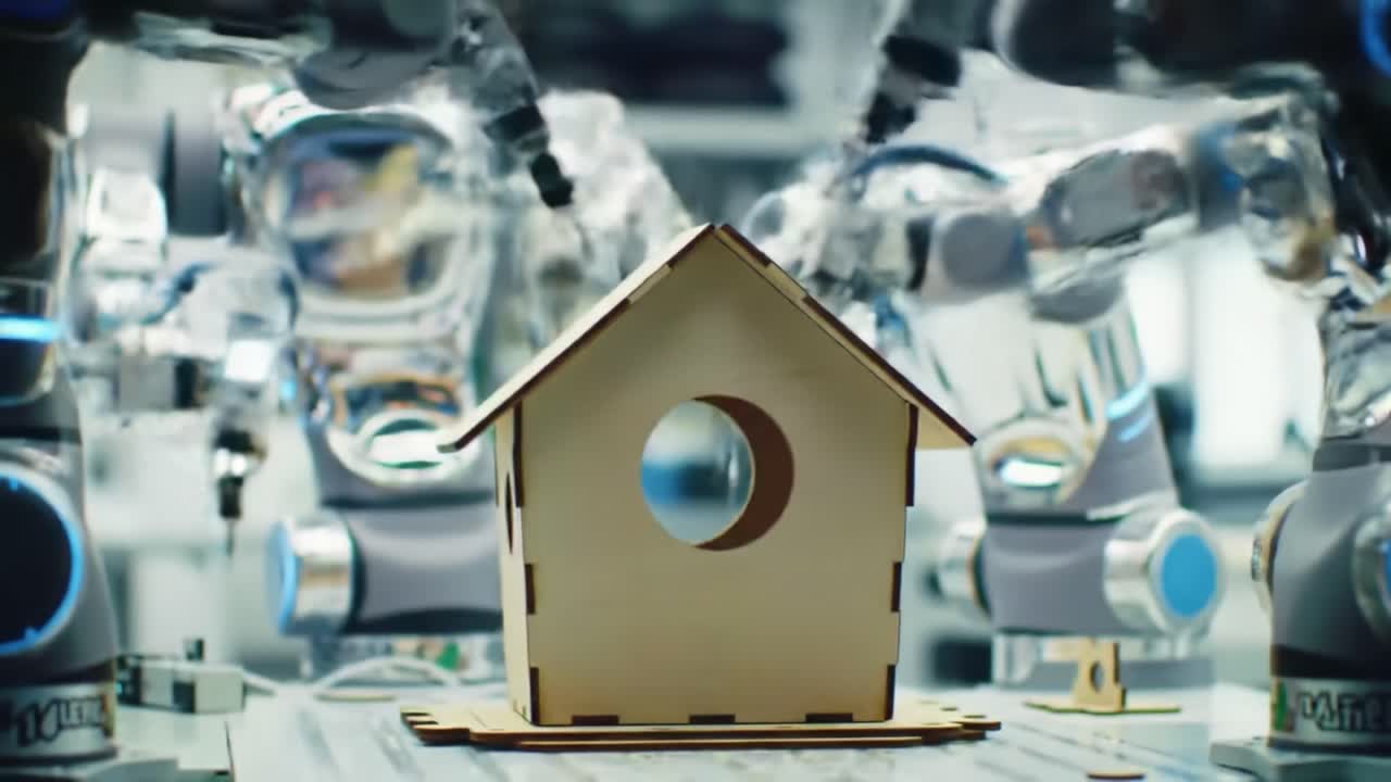 In a cutting-edge workshop, advanced robots collaborate to construct a wooden birdhouse, demonstrating the capabilities of automation technology in crafting precise designs.