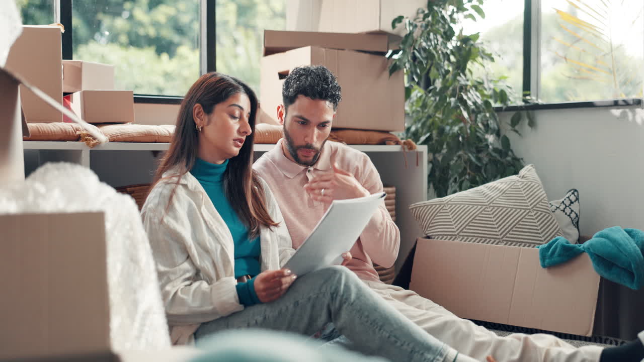 Couple Discussing Moving Plans Surrounded by Boxes