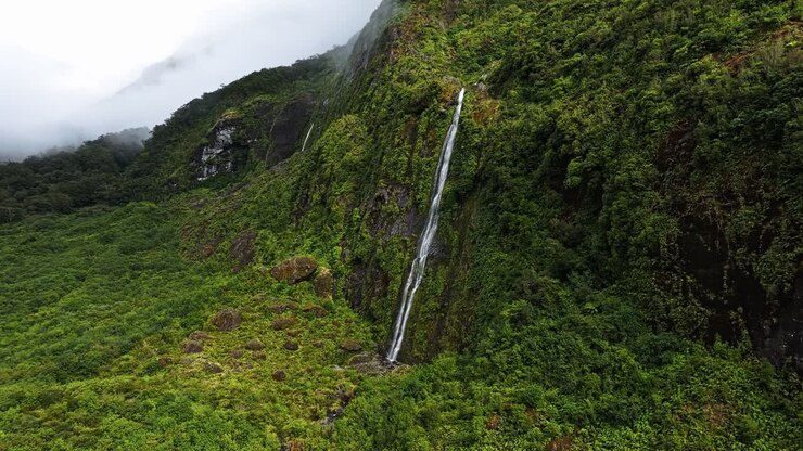 Parallasse aerea attorno a una ripida cascata tropicale che si getta nella foresta