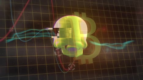 animación de cráneo y bitcoin sobre procesamiento de datos y burbujas en fondo negro