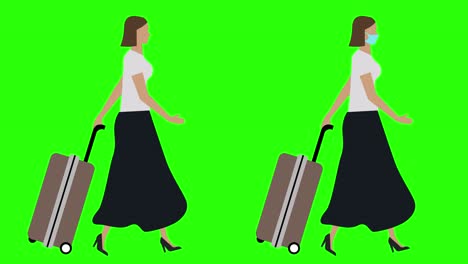 women with trolley walking cycle seamless loop , face mask version, green screen chroma key animation, flat design