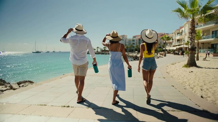 Un trio che cammina in abiti estivi, sistemandosi i cappelli e con bottiglie, su una passeggiata lungomare, con il sole che invita verso gli yacht