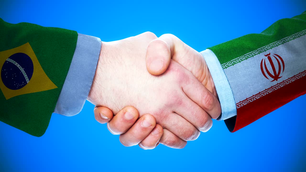 Brasile - Iran / Animazione concettuale di stretta di mano su paesi e politica / Con canale matte