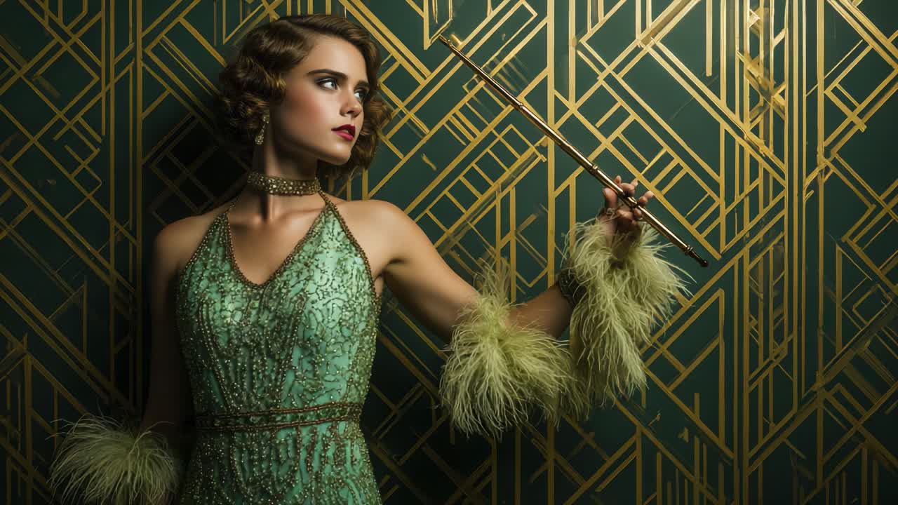 A glamorous woman in an elegant green vintage dress, adorned with feathers and intricate details, poses with a decorative wand against a luxurious geometric backdrop, embodying the spirit of classic sophistication