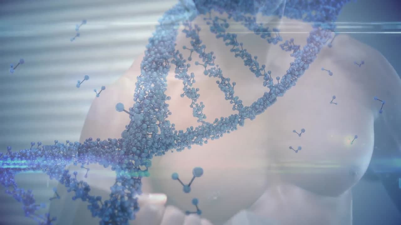 체육관에서 운동하는 강한 남자 위의 dna 가닥의 애니메이션