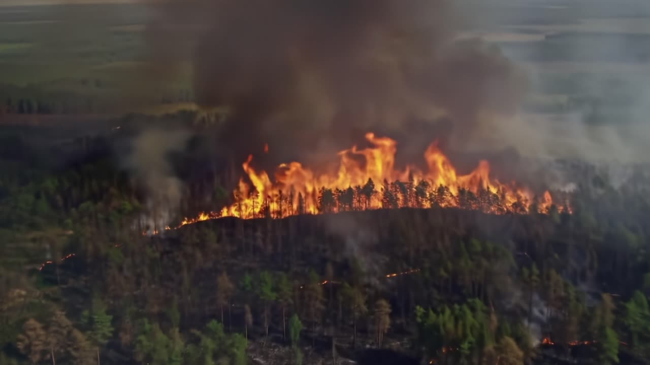 Forest Fire Spreads in a Remote Area Creating Heavy Smoke and Destruction at Midday