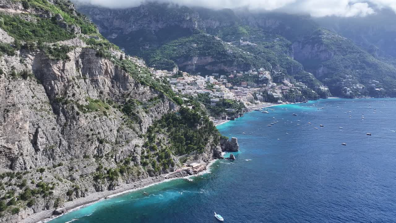 Amalfi Coast At Positano In Salerno Italy. Beach Landscape. Tourism Landmark. Amalfi Coast At Positano In Salerno Italy. Gulf Of Salerno Skyline. Coastal Cityscape. Mediterranean Sea.