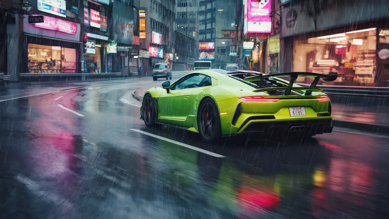 Green Sports Car on Wet City Street at Night