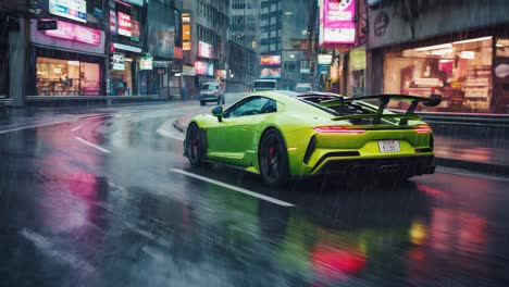 green sports car on wet city street at night