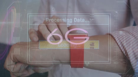 Animation-Der-Datenverarbeitung-Und-6g-Text-über-Kaukasischem-Geschäftsmann-Mit-Smartwatch