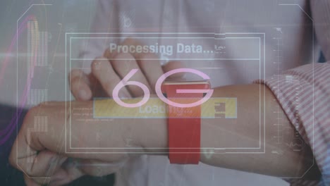 animación de procesamiento de datos y texto 6g sobre empresario caucásico usando reloj inteligente.