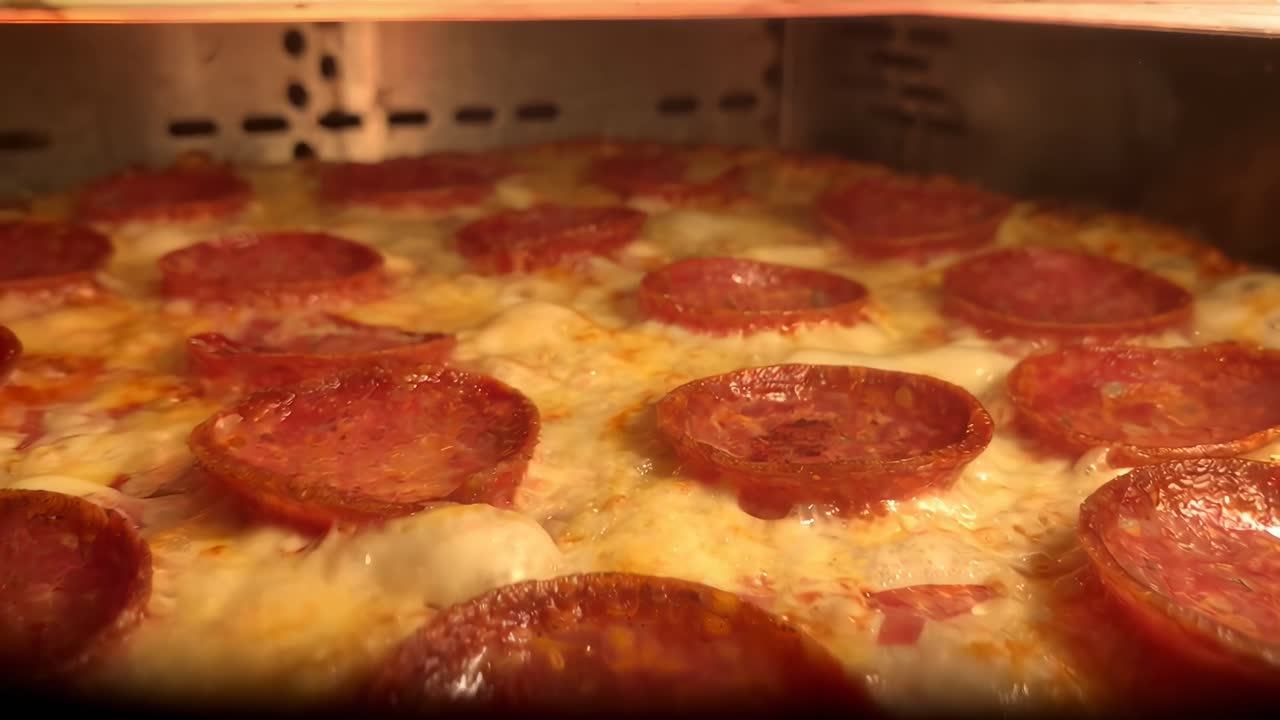 Video ravvicinato di una pizza ai peperoni che cuoce in forno, che cattura una vista laterale angolare