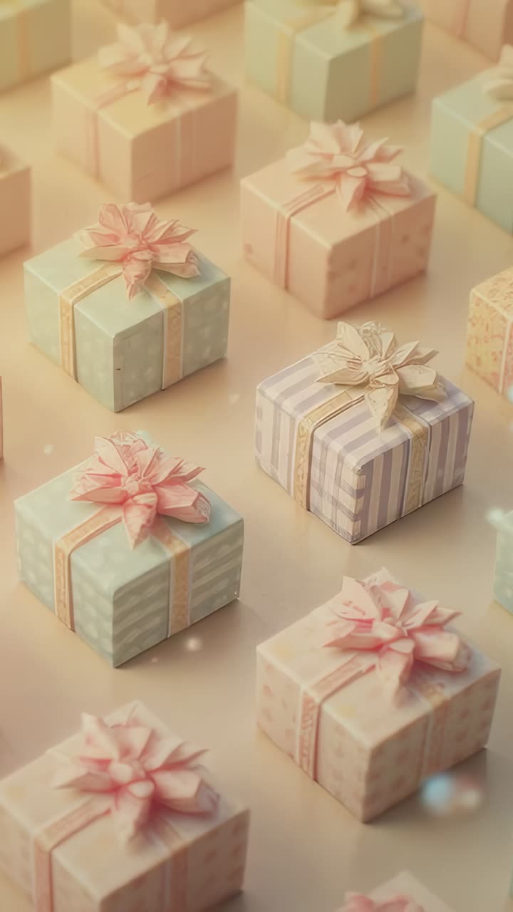Vertical video: Zooming camera bringing striped box into focus on matte table, showcasing ribbon