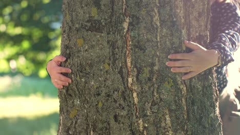 La-Mujer-Está-Abrazando-Un-Gran-Tronco-De-árbol,-Cerca-De-Las-Manos