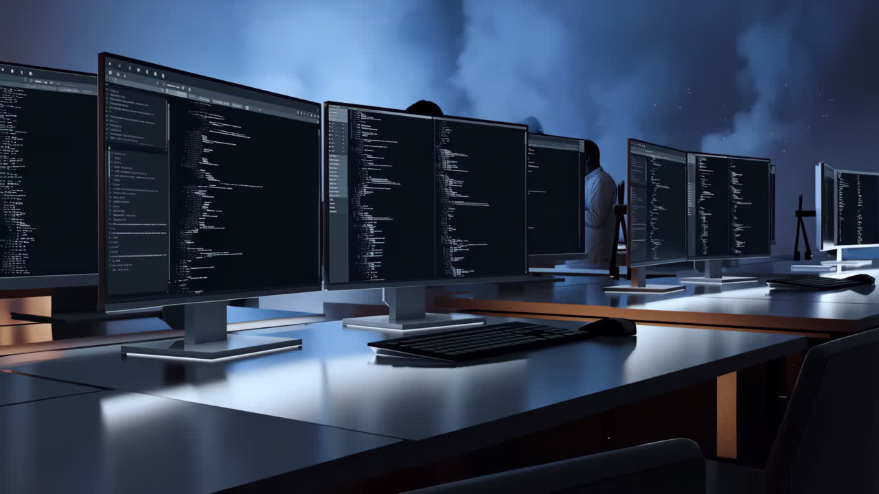 A row of computer monitors displaying code and data in a high-tech server room or office environment, with people working in the background