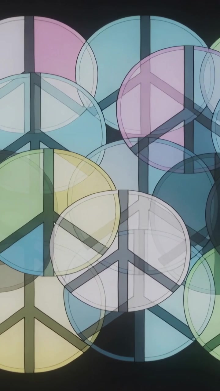 Vertical video: Loop starting, overlapping peace-symbol circles shifting on black, blending pastels