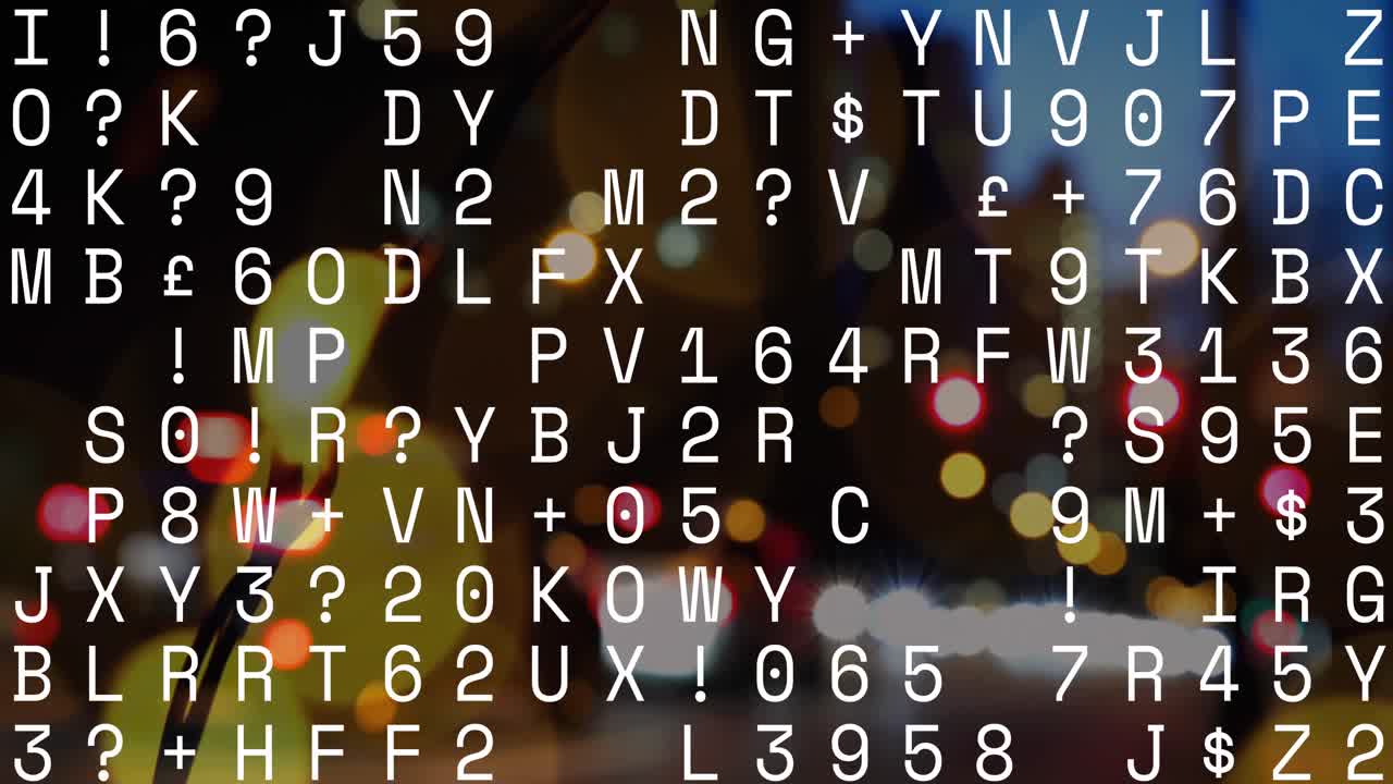 변화하는 숫자와 알파 ⁇ 과 밤의 도시 교통에 대한 빛의 반점의 애니메이션