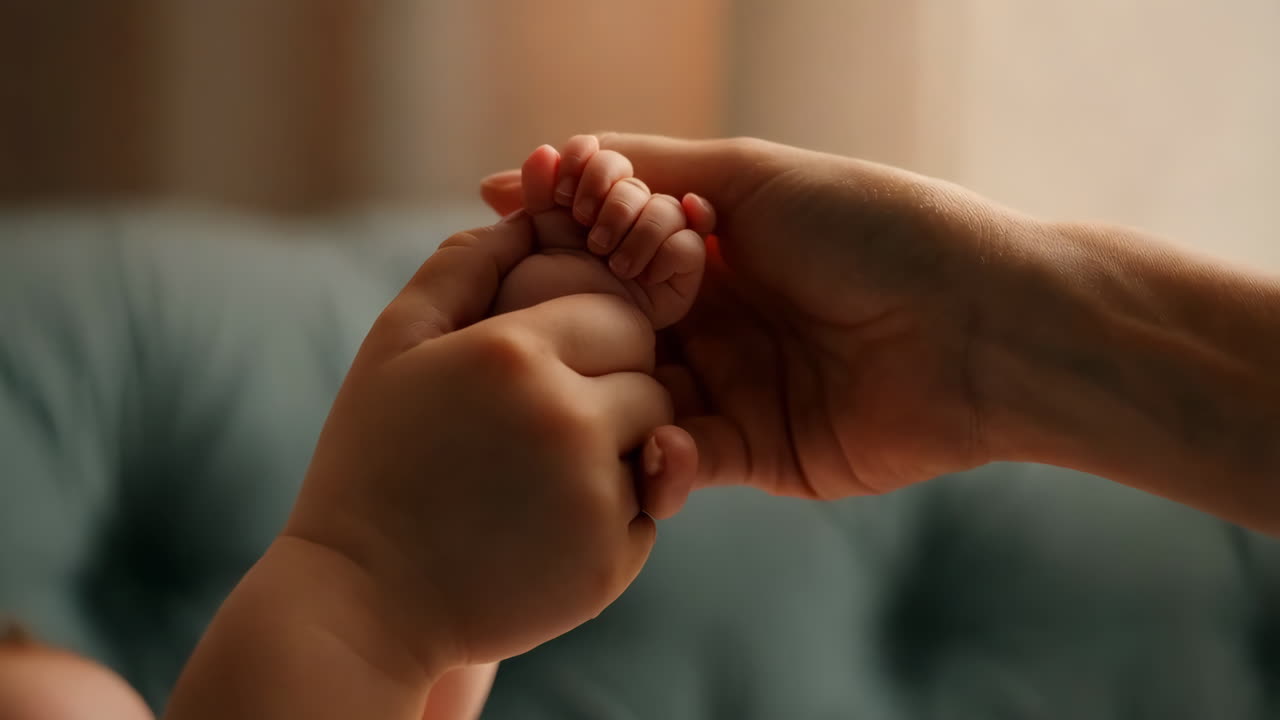 bebé sosteniendo la mano de la madre