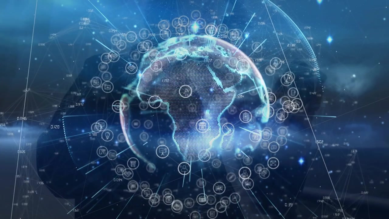 Animation of connections and globe over navy background with human silhouette