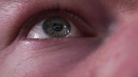 close up of the eye of a man using tablet pc, reflection of the screen seen on the eye - macro shot