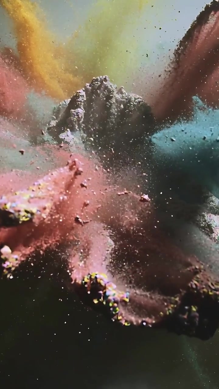 Video verticale: Pigmento che si comprime e scoppia, formando pennacchi rosa, gialli e verde acqua in laboratorio, mescolando tonalità.