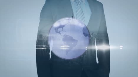 animation of grey globe over businessman and cityscape