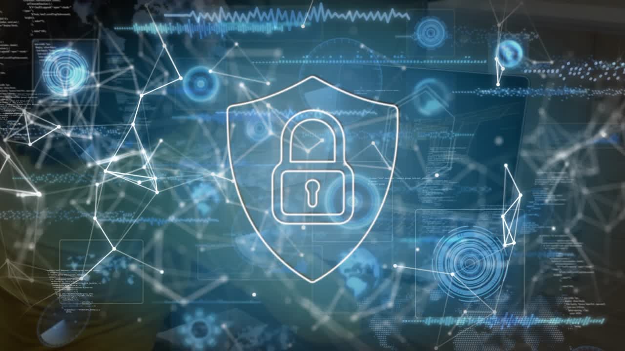 Padlock shield materializing on PC startup and network nodes connecting with globe for security