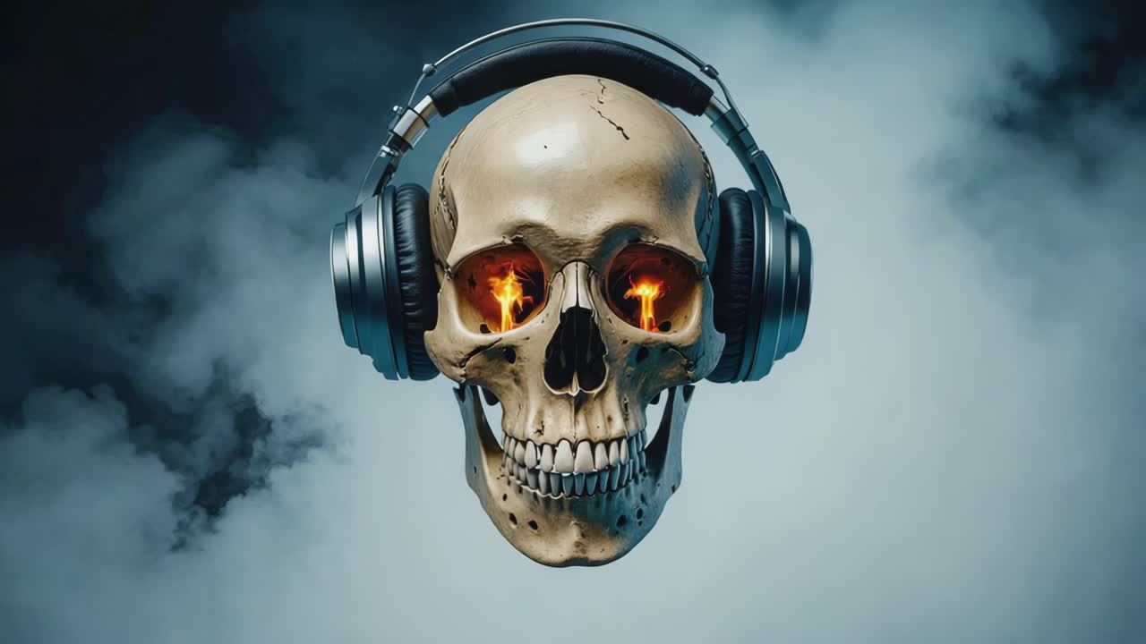 Ominous Skull with Fiery Eyes and Headphones
