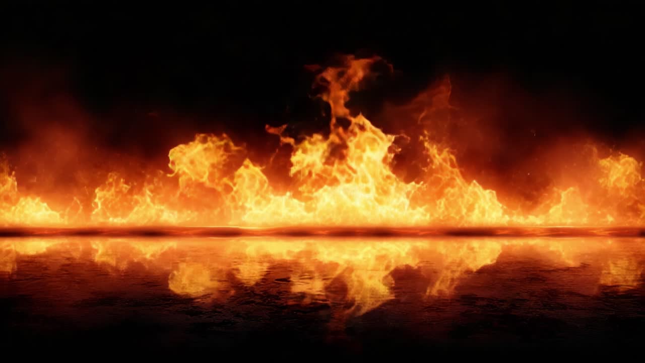 Et betagende skue af levende flammer, der indfanger ildens intense skønhed, mens den danser mod en mørk baggrund, reflekteret i en glitrende overflade nedenfor.