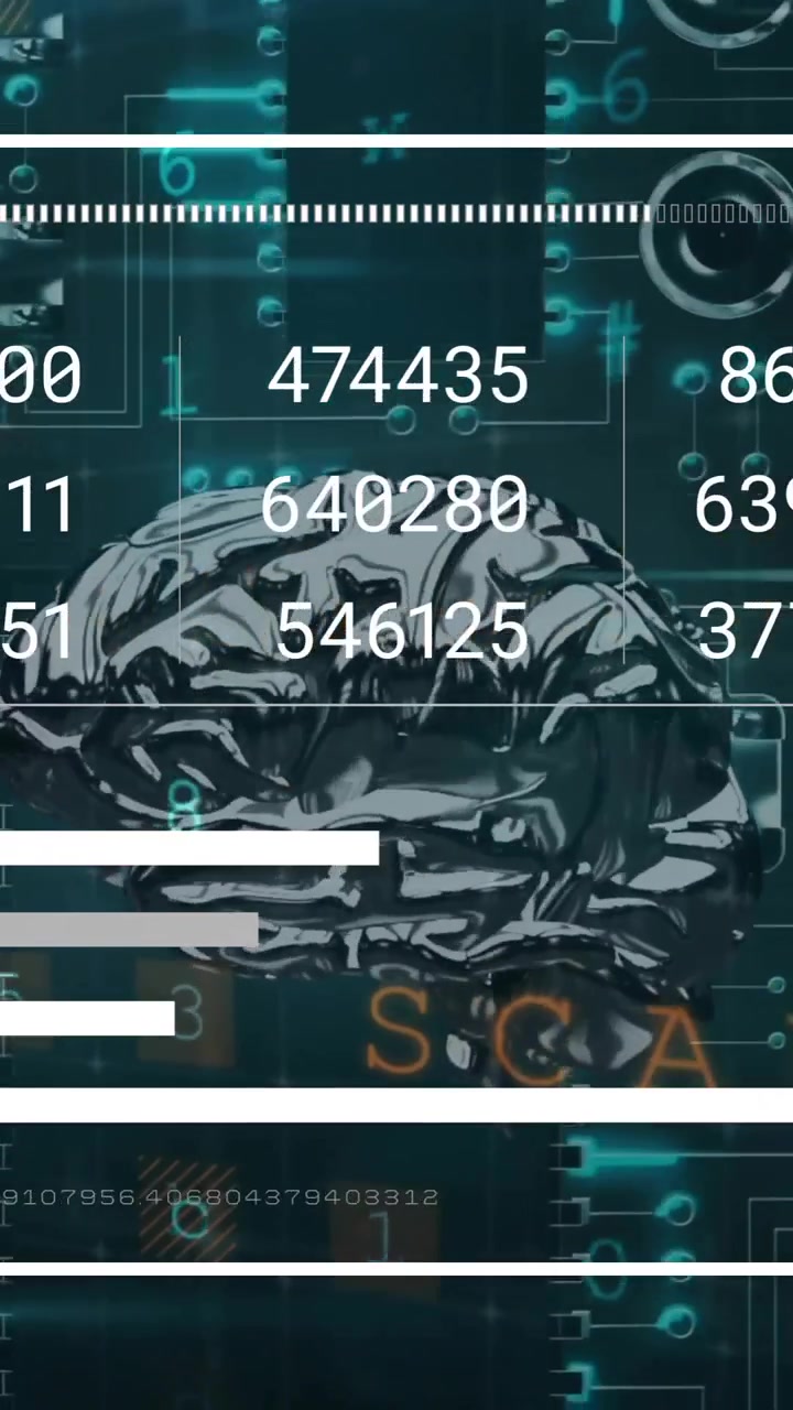 Animation of brain and digital data processing over dark background