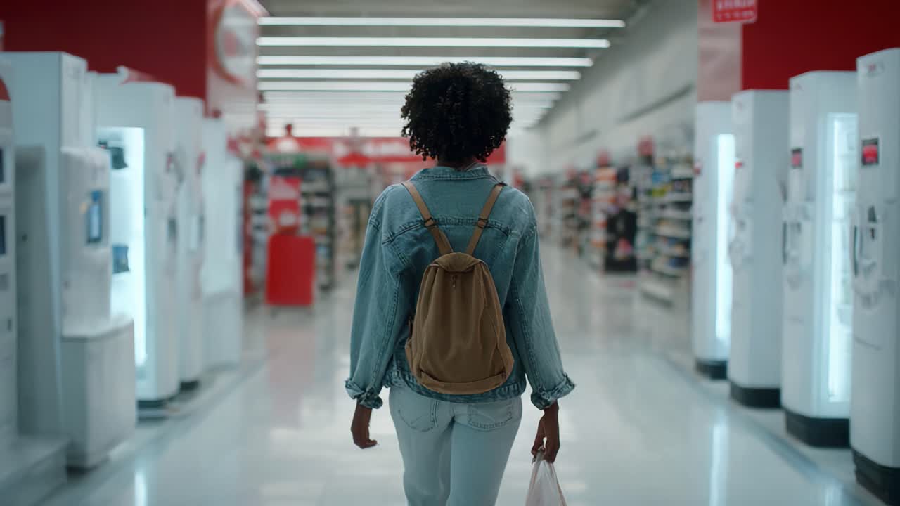 A Young Woman in a Denim Jacket Walks Through an Aisle in a Retail Store, Holding a Shopping Bag, Emphasizing the Experience of Shopping and Exploration in a Modern Environment