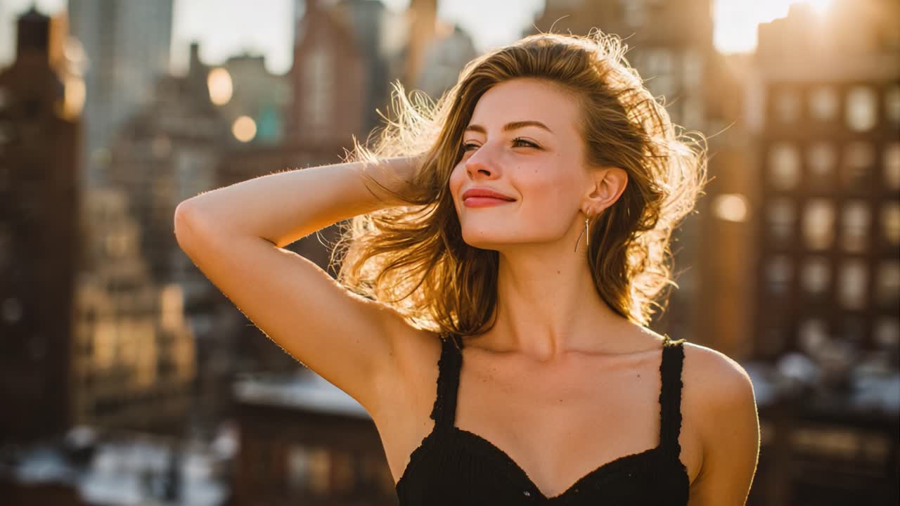 Capturing the Radiance: A Young Woman Enjoying a Golden Sunset in a City Environment, Exuding Confidence and Serenity with Her Hair Flowing in the Breeze Overlooking Urban Landscapes