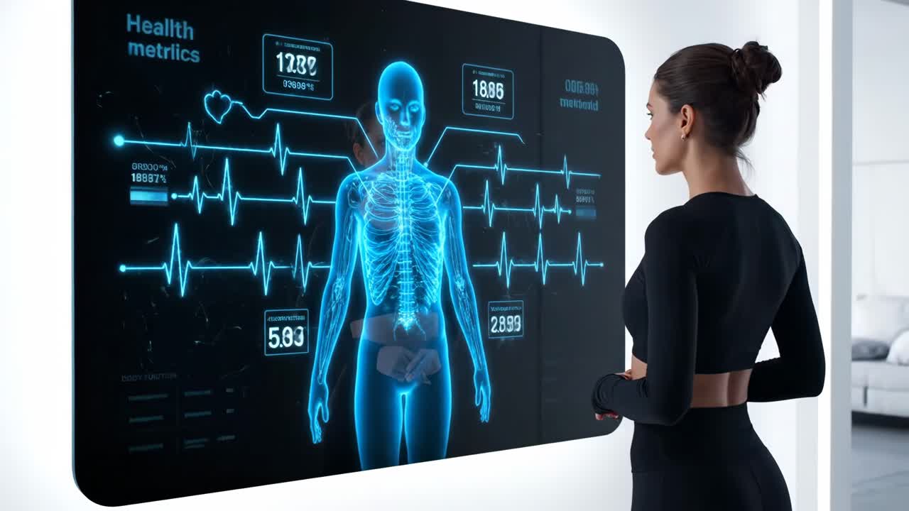 Woman looking at health metrics on a monitor