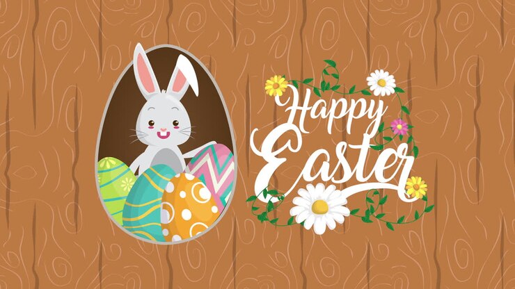 happy easter animated card with rabbit and eggs painted