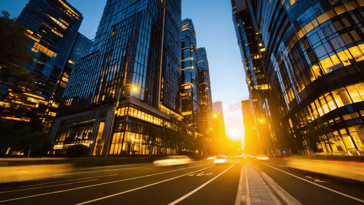Eine atemberaubende Stadtlandschaft, die beleuchtete Wolkenkratzer und pulsierendes Stadtleben zeigt, im Übergang von der Dämmerung zum Abend, die Schönheit moderner Architektur und belebter Straßen einfangend