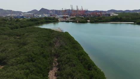 Flying-Over-Laguna-de-las-Garzas-Overlooking-Container-Terminal-In-Manzanillo,-Colima,-Mexico