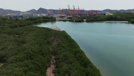 volando sobre la laguna de las garzas con vistas a la terminal de contenedores en manzanillo, colima, méxico