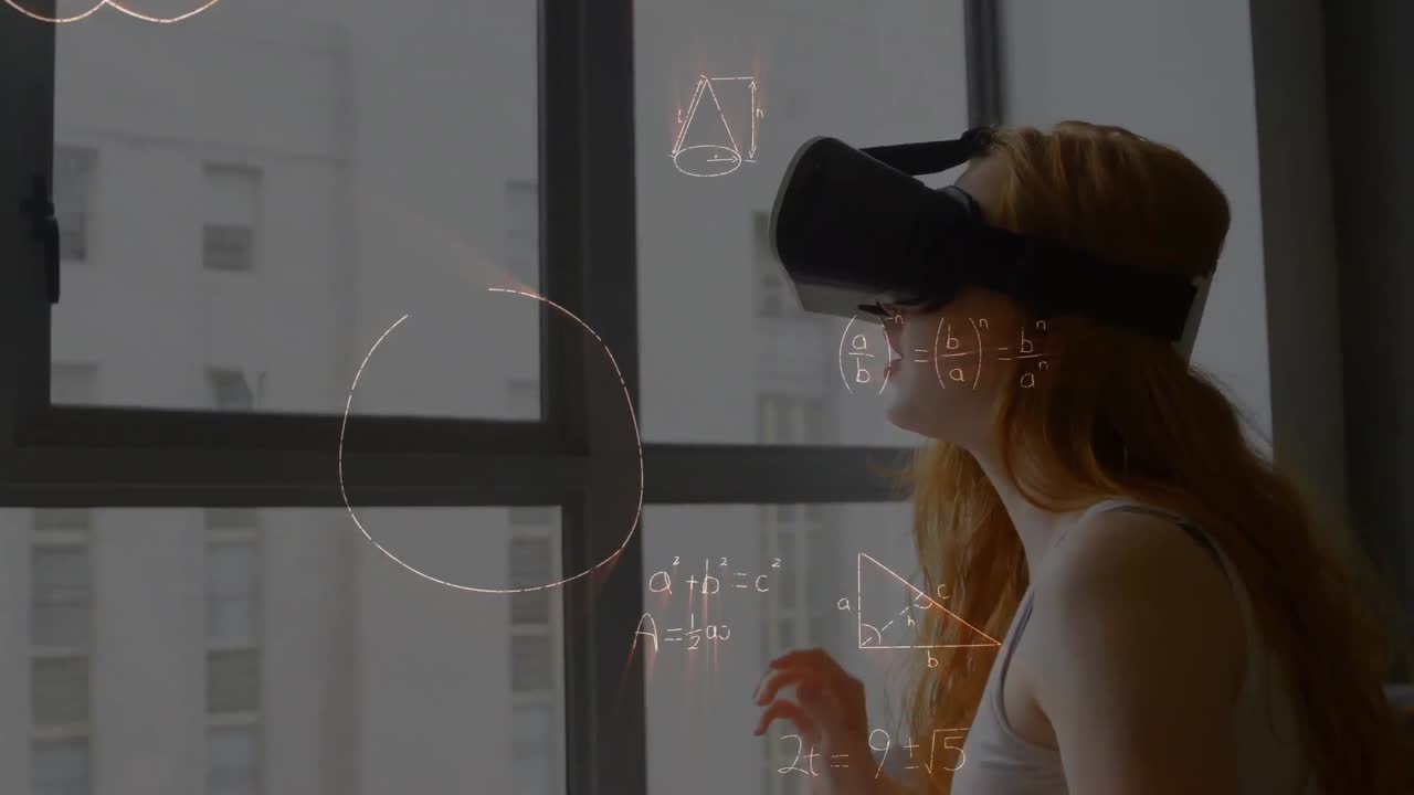 animación de dibujos matemáticos y ecuaciones sobre mujer usando auriculares vr