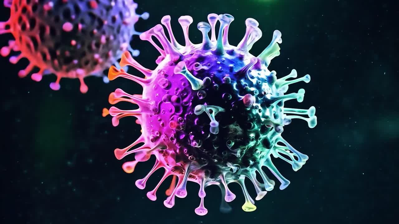 las imágenes microscópicas muestran un colorido virus que sufre una mutación, con proteínas de pico evolucionando y transformándose en una vibrante exhibición de cambio biológico.