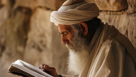 senior religious leader wearing traditional white turban reading sacred text, soft sunlight highlighting aged hands resting on ancient book within historic temple interior