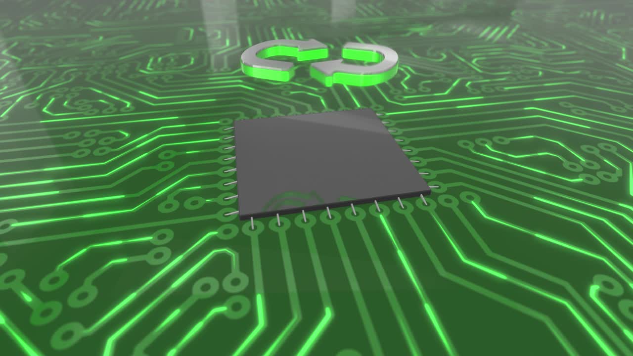 Dark green rotating computer circuit board concept exchange arrows loop 4K